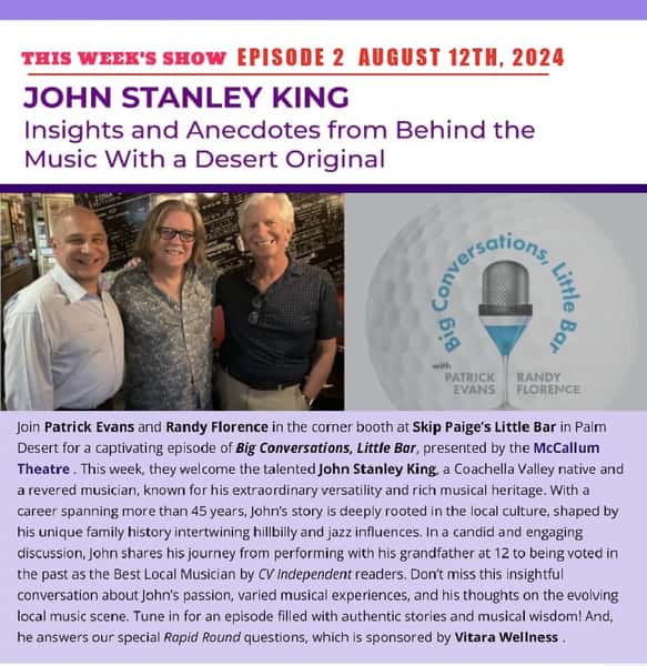 Photo of printed article John Stanley King interview on podcast show big conversations little bar including a photo of three men left to right Patrick Evans, John Stanley King, Randy Florence