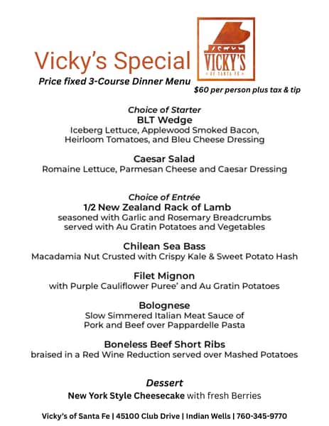 photo of special price fixed 3 course dinner menu $60 per person plus tax and tip