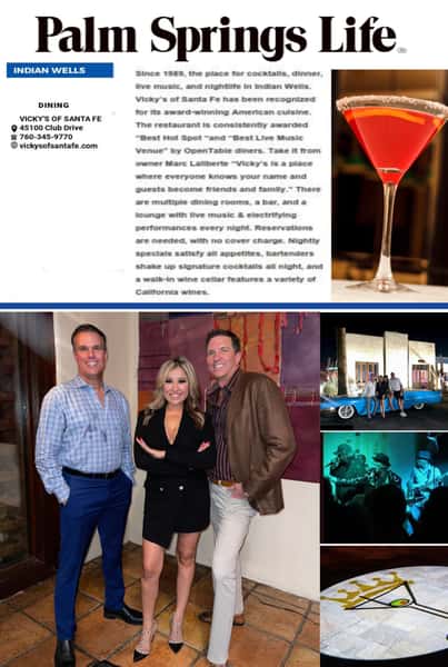 photo of Vicky's Palm Springs Life article 5 best restaurants contains five photos; Cosmo martini, three staff members in main dining room, front building with turquoise classic Cadillac, live music band and gobo projector image martini crown.