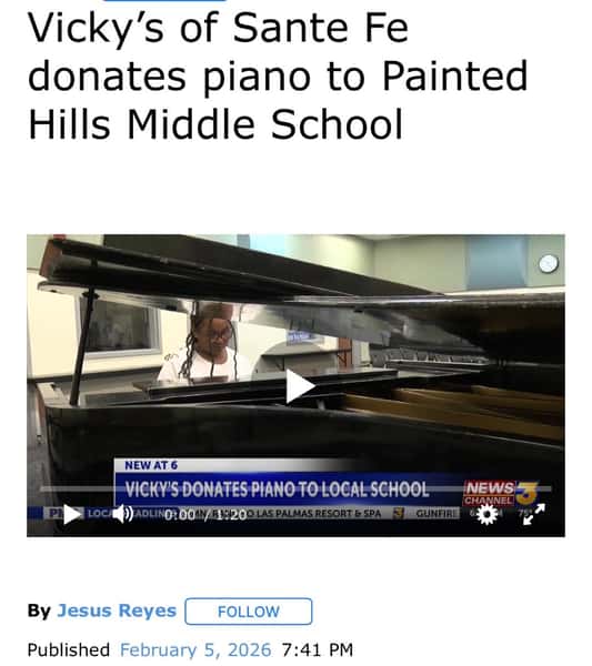 photo of video thumbnail of student playing on the donated piano from Vicky's of Santa Fe
