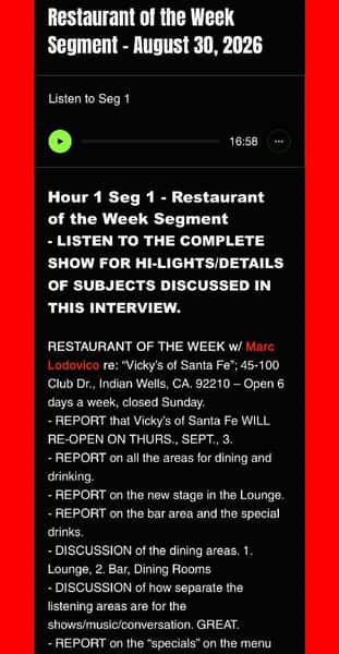 Description of radio interview photo white type over black background that reads Restaurant of the Week Segment August 30, 2026 Listen to complete show click here