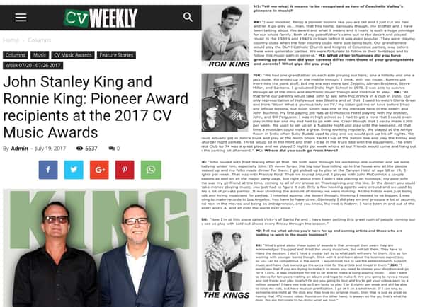 photo of newspaper article CV Weekly Music Awards to King Family photo of both John Stanley King and Patrick King as younger men and present day