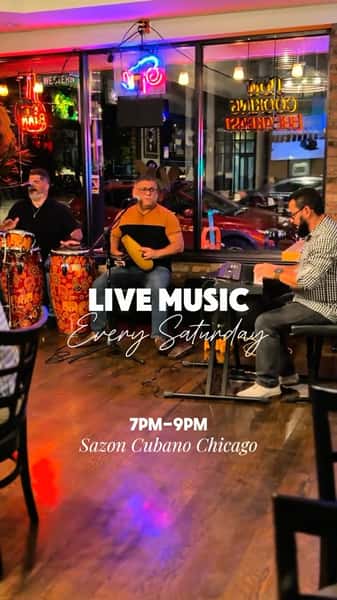 Saturday nights sound better at Sazón 🎶🇨🇺

Join us every Saturday at 7PM for live music featuring a different band every week!

🎶 This week’s band (8/29): Duo Na’ma
🕖 Live music starts at 7PM
📍 Sazón Cubano | 2252 N Western Ave

Come for dinner, stay for the music 💃🏽🍹

#SazonCubano #LiveMusicChicago #ChicagoLiveMusic #SaturdayNightChicago #BucktownChicago