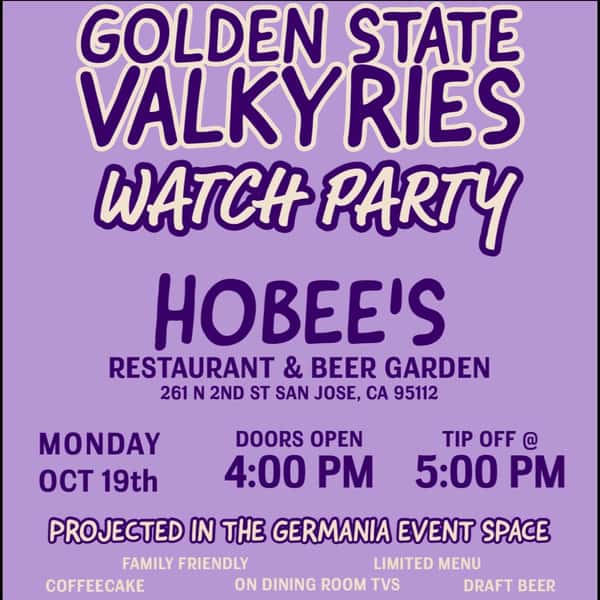 🏀💜 VALKYRIES WATCH PARTY TODAY!
Cheer on the Golden State Valkyries at Hobee’s Downtown San Jose!
🚪 Doors open at 4 PM
🏀 Tip-off at 5 PM
🍽️ Food, draft beer & good vibes! 🍻
Catch the game on the big screen! All ages welcome! 💜
#Valkyries #Ballhalla #Hobees #DowntownSanJose