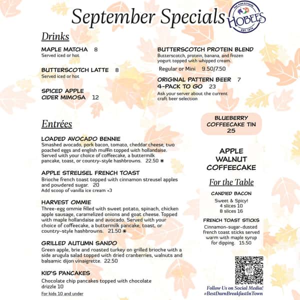 September is looking delicious! 🍎🍁 New specials, seasonal sips & Apple Walnut Coffeecake is BACK! ✨
#Hobees #SeptemberSpecials #BestDarnBreakfastInTown