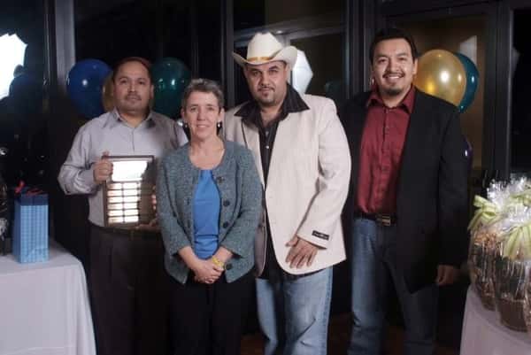 Co-owner Connie Durant (second from l) presented the 2008 General Manager award to the "Three Amigos": Felipe Zarate (Pruneyard), Jose Valencia (Stanford / Los Gatos) and Misael Morales (Sunnyvale).