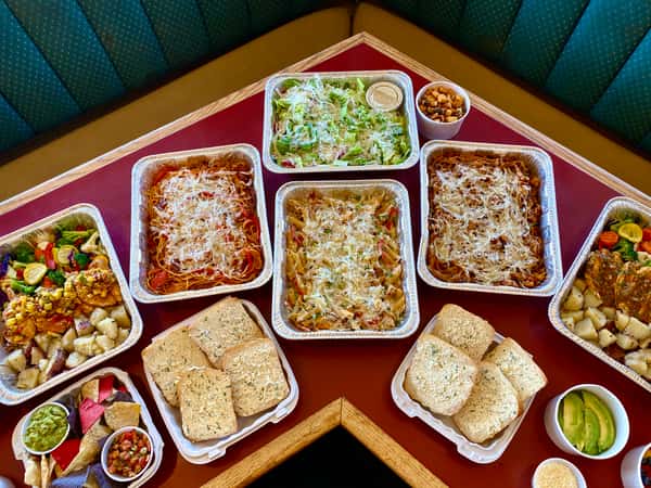 Catering pans spread across a table