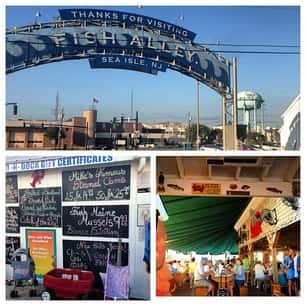 a collage of three photos: one that says "Thanks for visiting fish alley sea isle, nj", another shows the menu on a chalkboard sign, and the other shows happy customers on line to eat