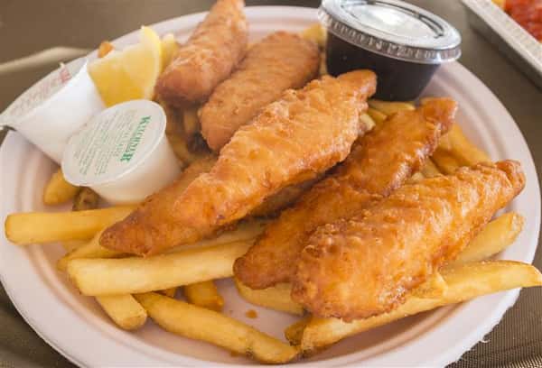 fried fish with a side of french fries and tartar sauce