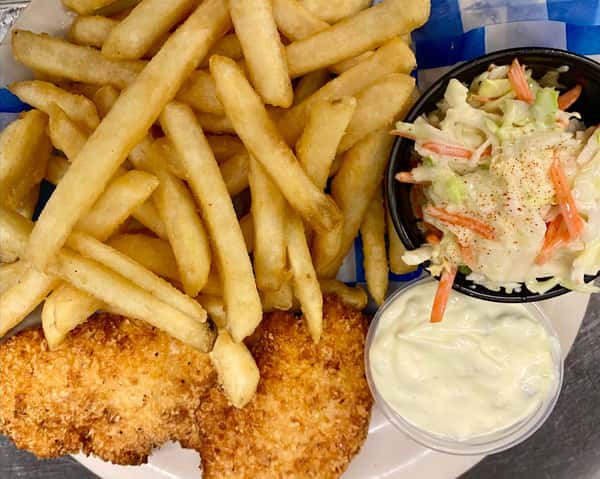 fries and coleslaw with fried tenders