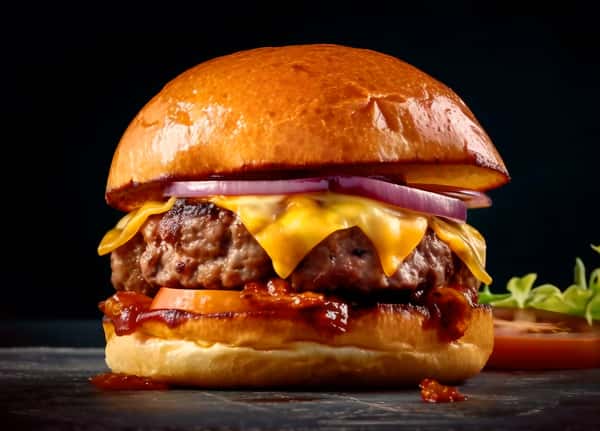 Cheeseburger with lettuce, tomato, onion and pickles