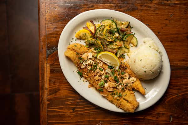 fried trout with lemon and mashed potatoes