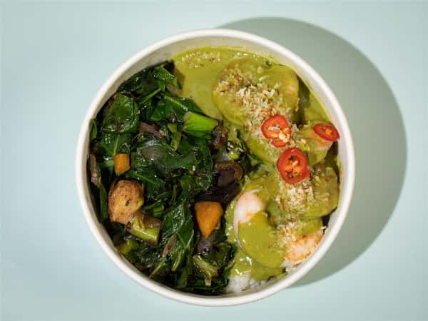 Herb-Marinated Shrimp, Coconut Sticky Rice, Wok Veggies, Green Curry Sauce, Fresno Chilis, Toasted Coconut