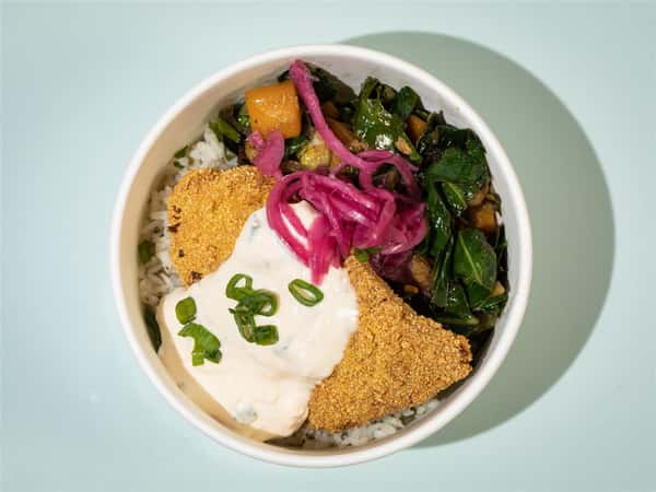 Cornmeal-Crusted Cod, Cilantro-Lime Rice, Wok Veggies, Tartar Sauce, Pickled Red Onions