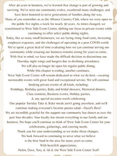 Thank you for being part of our story. Your support has meant more than words can express. Please take a moment to read our full announcement below. 🤍
The West Side Event Center Family