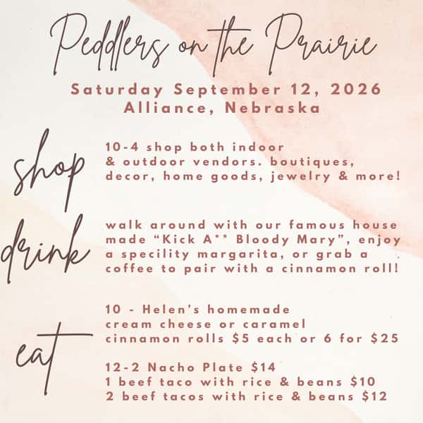 🌵 WE’RE SWITCHING IT UP THIS YEAR! 🌮🍹
Peddlers on the Prairie is getting a little more festive this year, and we’re swapping out our usual food for TACOS & NACHOS! 🙌
Come shop from an amazing lineup of indoor & outdoor vendors, grab some delicious tacos or nachos, and enjoy a drink while you browse! 🛍️🌮
And if we’re feeling extra fun… we might just have to bring out the margarita & slushie machine! 🍹🥤👀
Plus, don’t forget about Helen’s homemade cinnamon rolls — cream cheese or caramel, $5 each or 6 for $25! 🤤
📅 Saturday, September 12, 2026
⏰ 10 AM–4 PM
📍 Alliance, Nebraska
Shop. Sip. Eat. Repeat. 💕
We can’t wait to see you at Peddlers on the Prairie!
#PeddlersOnThePrairie #AllianceNE #ShopLocal #SmallBusiness #VendorEvent TacosAndNachos Margaritas Smoothies CinnamonRolls ShopSipEat