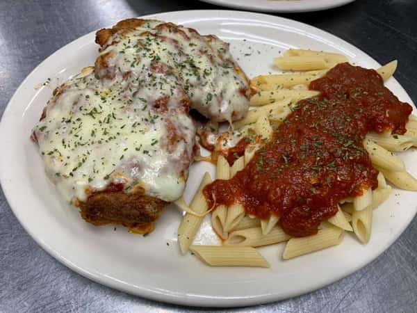 Chicken Parmesan with a side of Penne pasta and tomato sauce