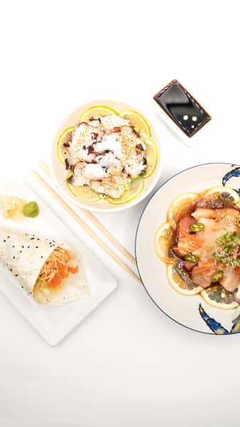 Deluxe Salmon Poki Salad, Octopus Sashimi