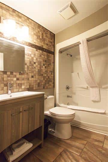 Bathroom with sink, mirror, toilet, shower.