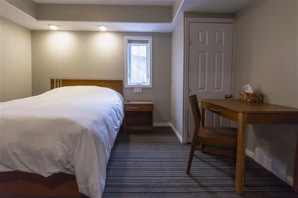 Room with single bed, night stand and wooden desk & chair