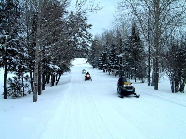 Snowmobilers on snow-covered road.