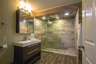 Bathroom with sink, mirror, shower