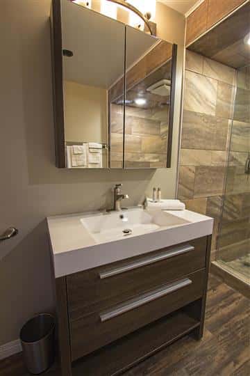 Bathroom sink & mirror next to shower