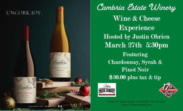 CAMBRIA WINE & CHEESE EXPERIENCE WINE DINNERS Jojo's Hideaway