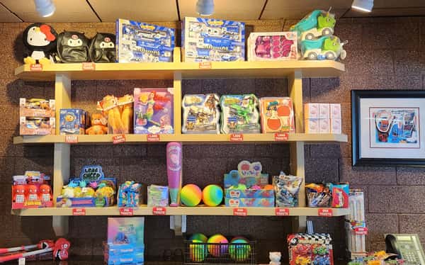 Many Kids Prizes on the shelf to win in the Arcade