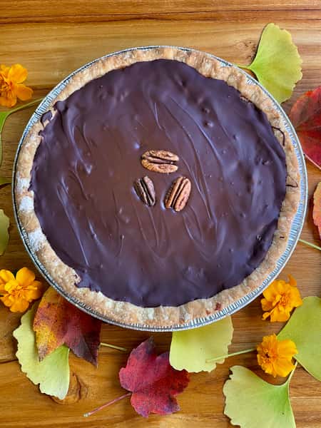Chocolate Pecan pie topped with a chocolate ganache (serves 6-8)