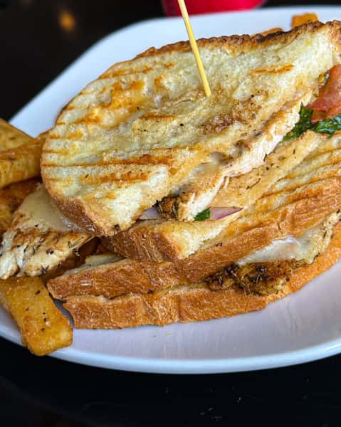 Grilled chicken panini layered with melted cheese, fresh spinach, and red onions on thick-cut artisan bread with golden grill marks, served with seasoned steak fries on a white plate.