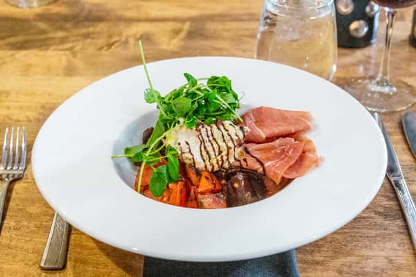 Tomato Beet Burrata with Prosciutto