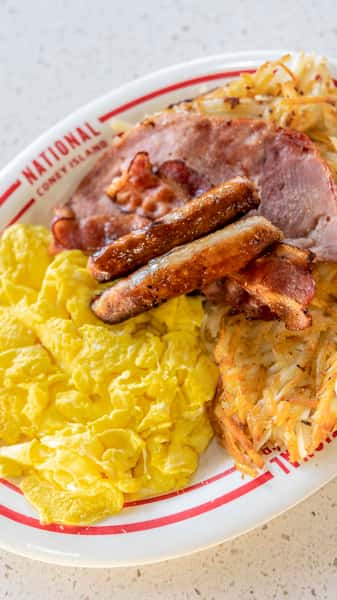 Big Breakfast plate with eggs, sausage, and potatoes