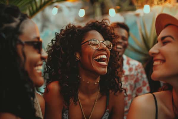 Friends laughing together at outdoor restaurant patio with warm string lights, relaxed social dining atmosphere and lively evening ambiance