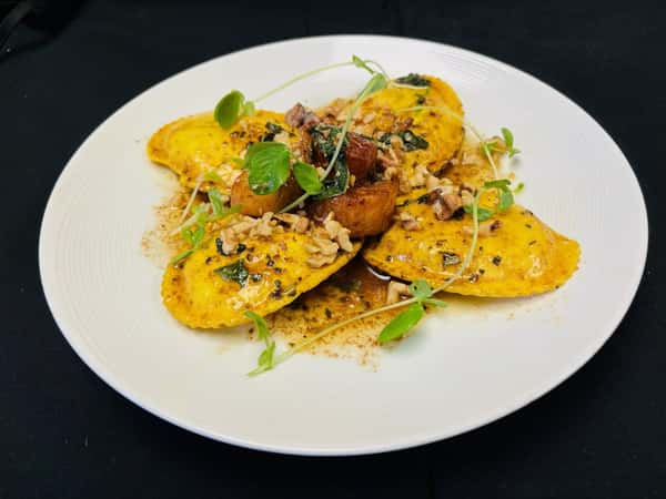 Pumpkin & Mascarpone Ravioli with Seared Sea Scallops