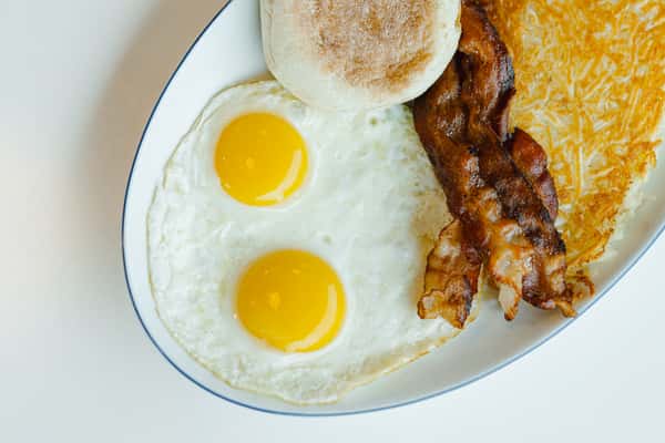 Eggs, Bacon, English Muffin, and Hashbrowns
