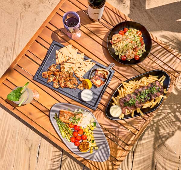Dinner at Shore Club: Steak Frites, Salmon & Mykonos Board