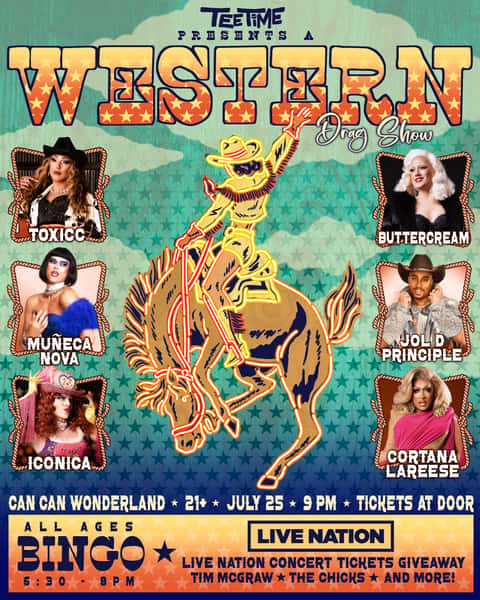 Tee Time Drag Shows presents Western Drag Show on July 25th with all-ages bingo and a 21+ drag show