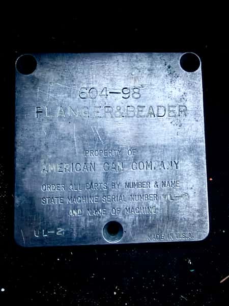 Metal plate from American Can Co Flanger & Beader machine