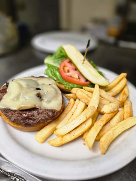 Dish hamburger with fries