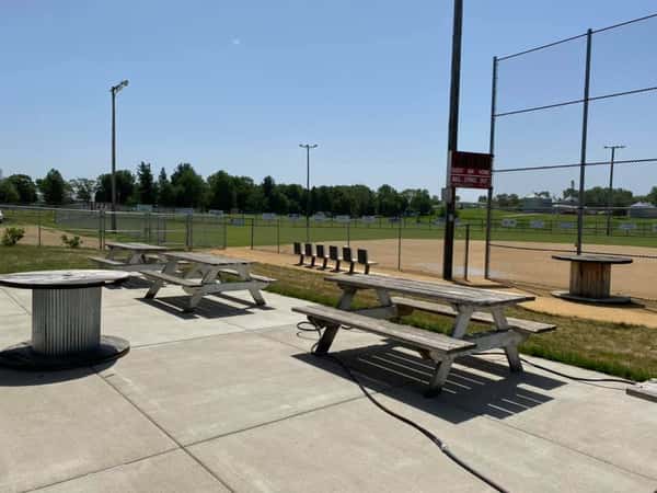 softball diamond and picnic tables
