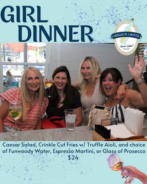 The Perfect Night for You & The Gals🩵✨
Message has your Thursday Night Girl Dinner waiting
Caesar Salad🥗, Crinkle Cut Fries🍟 with Truffle Aioli
& 🍸a choice of Funwoody Water, Espresso Martini or Prosecco all for $24
Come see us tonight & tomorrow - CLOSED JULY 4TH
