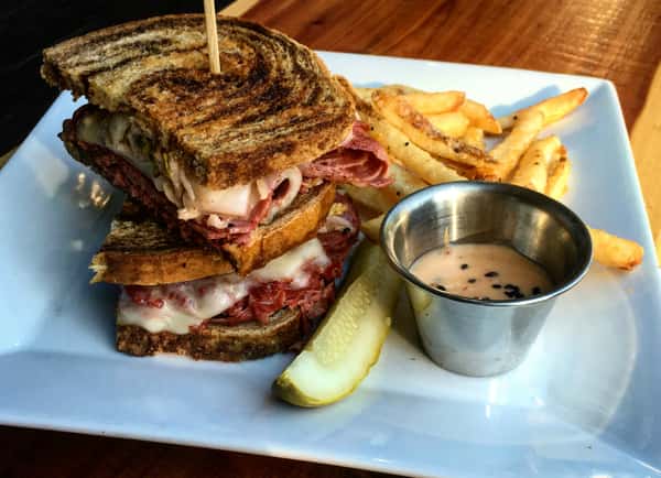 reubenesque. shaved corned beef, swiss cheese, kimchi, sweet chili mayo, grilled rye