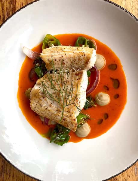 Tonight’s Chef’s Special: Roasted Atlantic Halibut with tomato coulis, eggplant purée, basil roasted shishito & fennel #halibut #atleats #virginiahighlandsatlanta #eatlocal #summerveggies