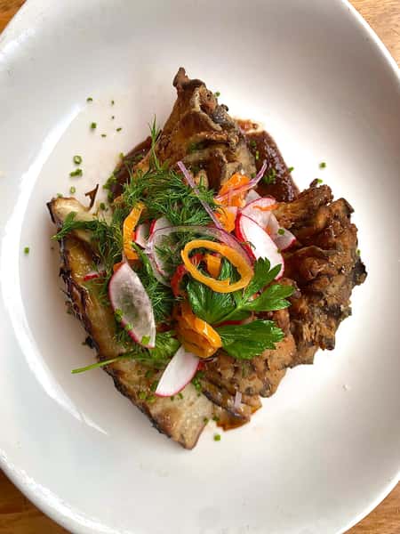 It’s Vegan time! Our Chef’s Special tonight is Crispy Hen of the Wood Mushrooms with charred cabbage, grilled pear mostarda, and pickled aji dulce & habanada salad. #atleats #atlfoodie #henofthewoodsmushrooms
