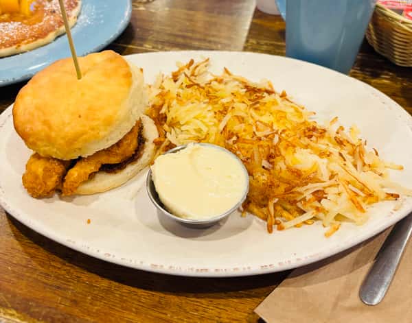 Maple Butter and Bacon Jam Fried Chicken Biscuit