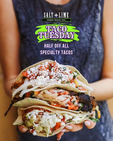 Taco Tuesday is here! 🌮 Enjoy half off all specialty tacos today. Your table's ready! ✨
#TacoTuesday #SaltAndLimeAZ #PhoenixEats