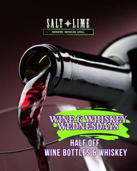It's Wine & Whiskey Wednesday! 🍷🥃 Half off bottles and whiskey pours. Midweek never tasted so good!
#SaltAndLimeAZ #HappyHourDeals #GoodVibes