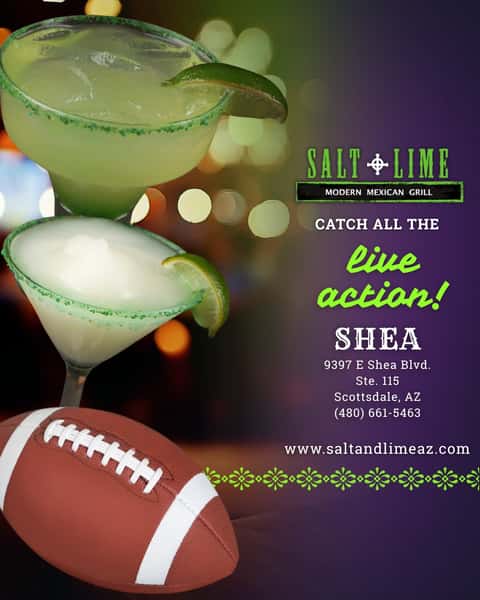 🏈 Cardinals season is here, and Salt + Lime Shea is your game day headquarters! Big screens, bold flavors, and $7 margaritas all day, every day. Let's make this season epic! 🌮

#SaltAndLimeAZ #CardinalsNation #GameDayEats