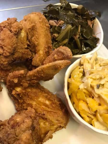 fried chicken greens mac and cheese